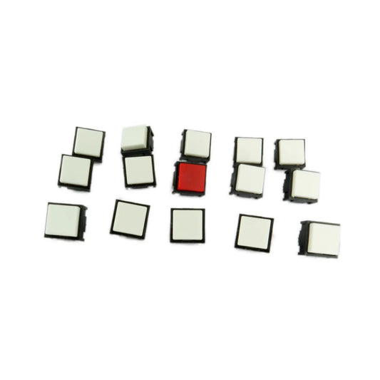 Set of 15 white square tact switches with one red switch, electronic components on white background