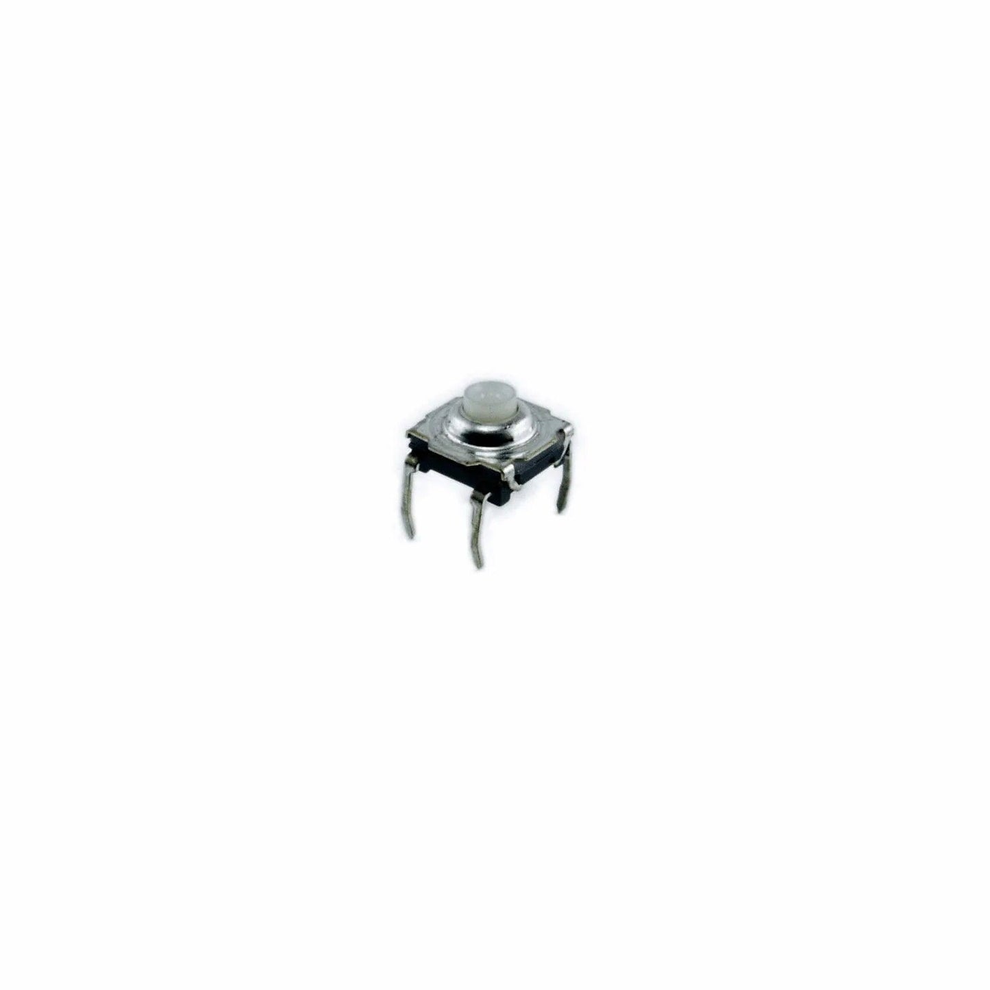 Close-up of a small tactile pushbutton switch component with four legs on white background