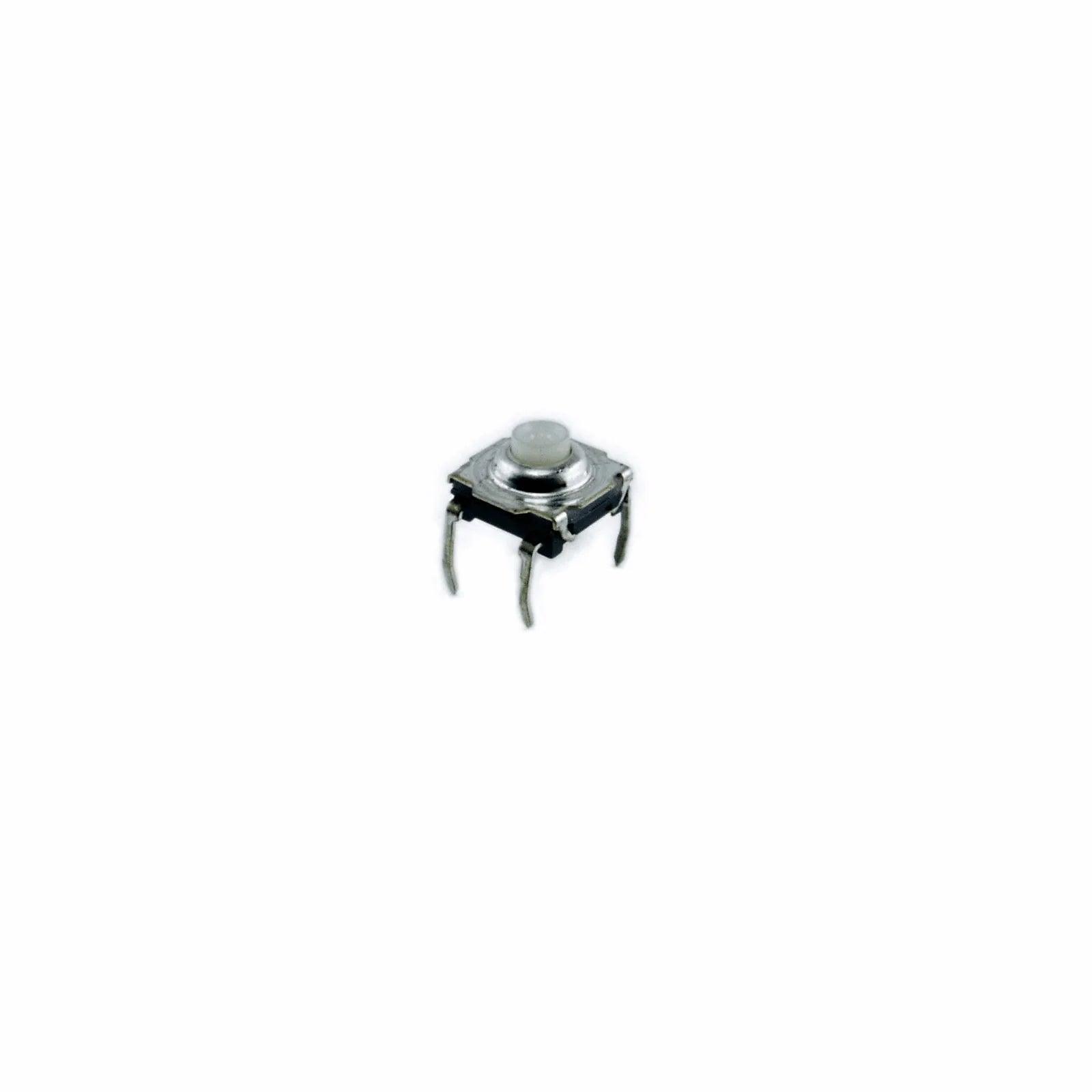 Close-up of a small tactile pushbutton switch component with four legs on white background