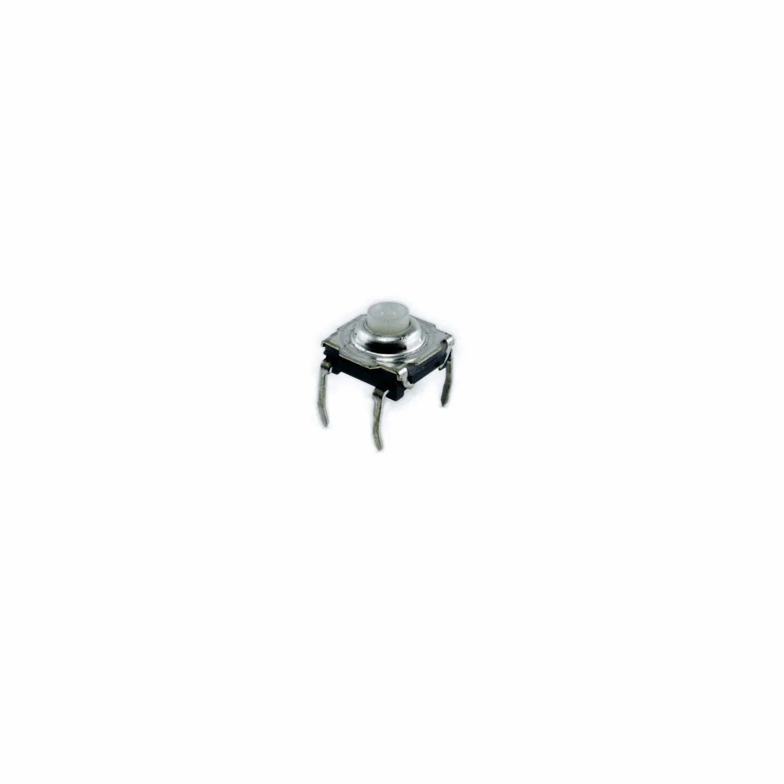 Close-up of Ensoniq ESQ-1 pushbutton tact switch, four metal legs, white actuator, electronic synthesizer part