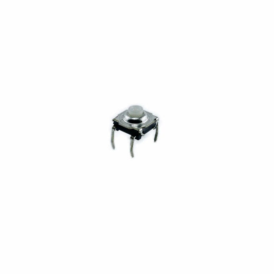 Close-up of Ensoniq ESQ-1 pushbutton tact switch, four metal legs, white actuator, electronic synthesizer part