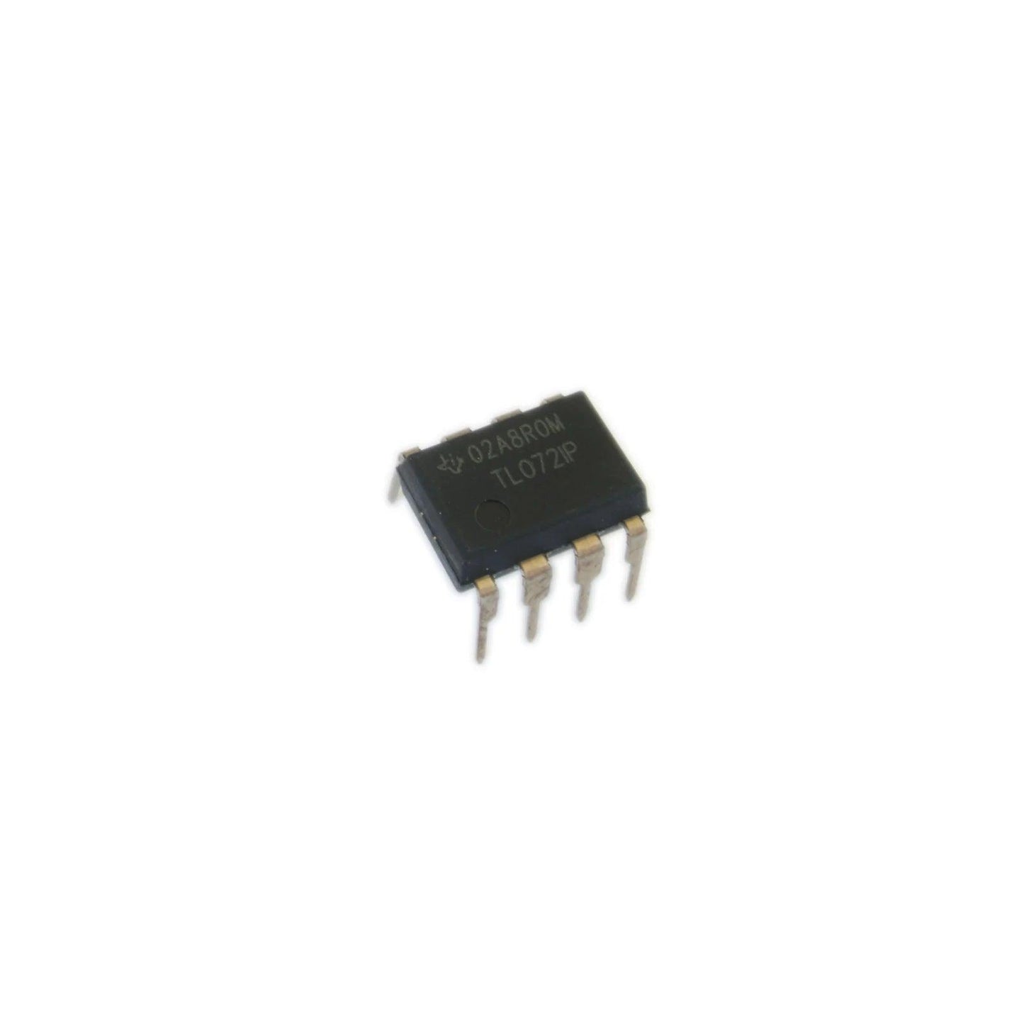 Close-up of TL072IP integrated circuit chip with eight metal pins on white background