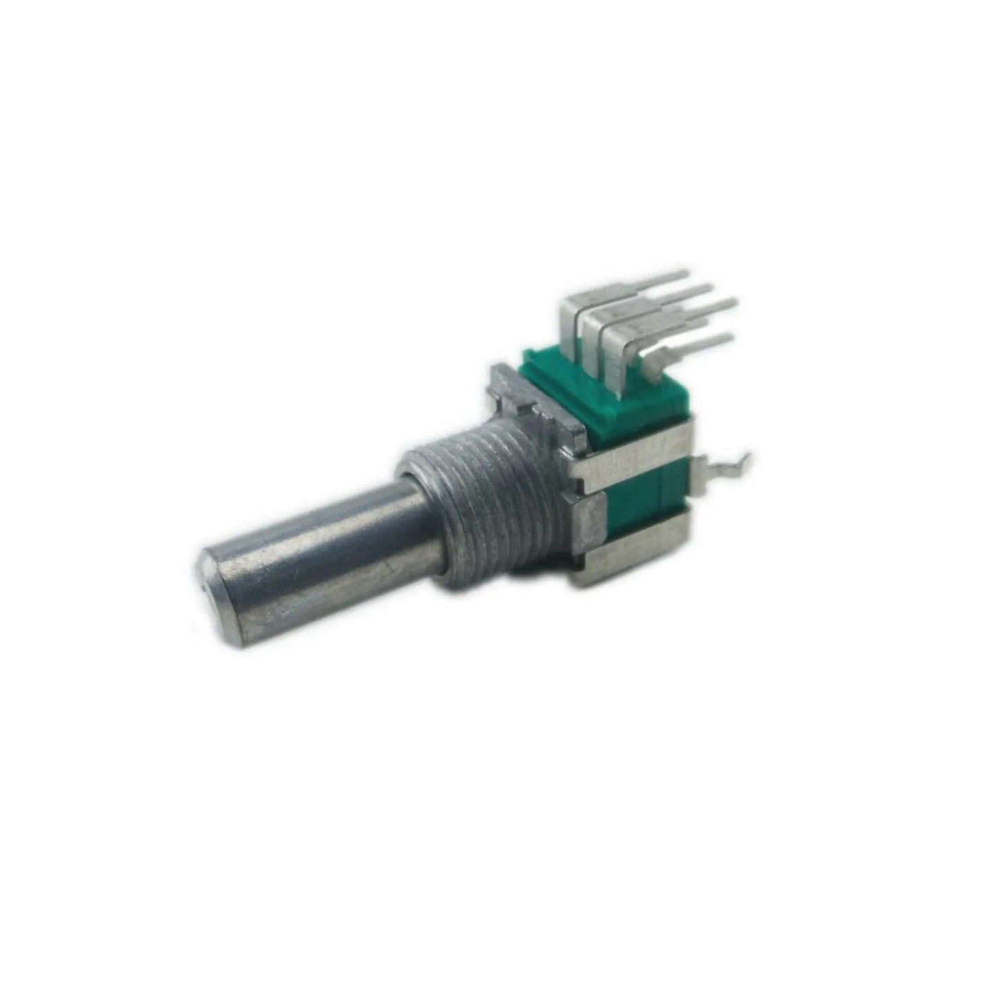 Close-up image of the Roland - MC-505 Rotary Potentiometer 10KBx2 with a green circuit board attachment and several metallic pins for electrical connection. The potentiometer features a cylindrical shaft and textured surface for grip, making it ideal for volume control. The background is plain white.