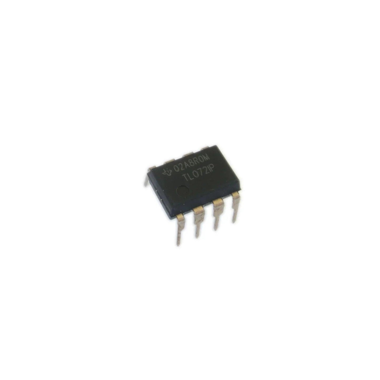 TL072IP integrated circuit chip with eight metal pins on white background