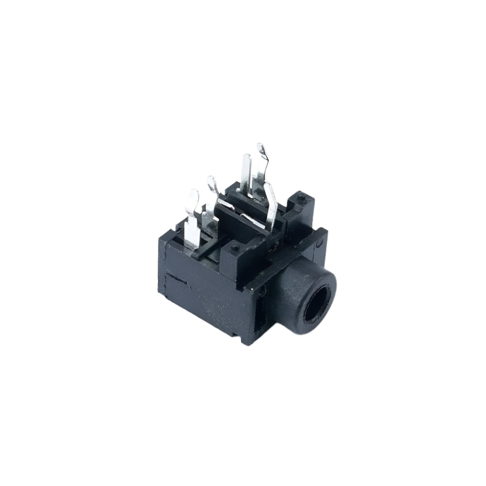 Black 3.5mm audio jack connector with metal pins on white background