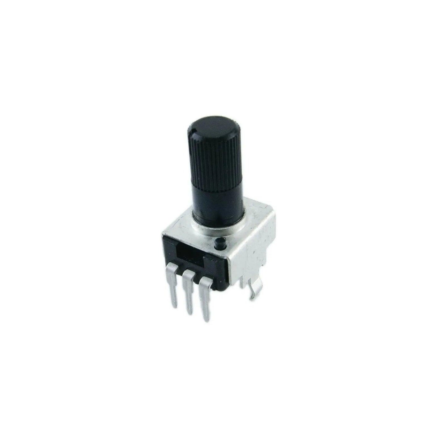Korg rotary potentiometer part with black knob and metal pins for synthesizer equipment
