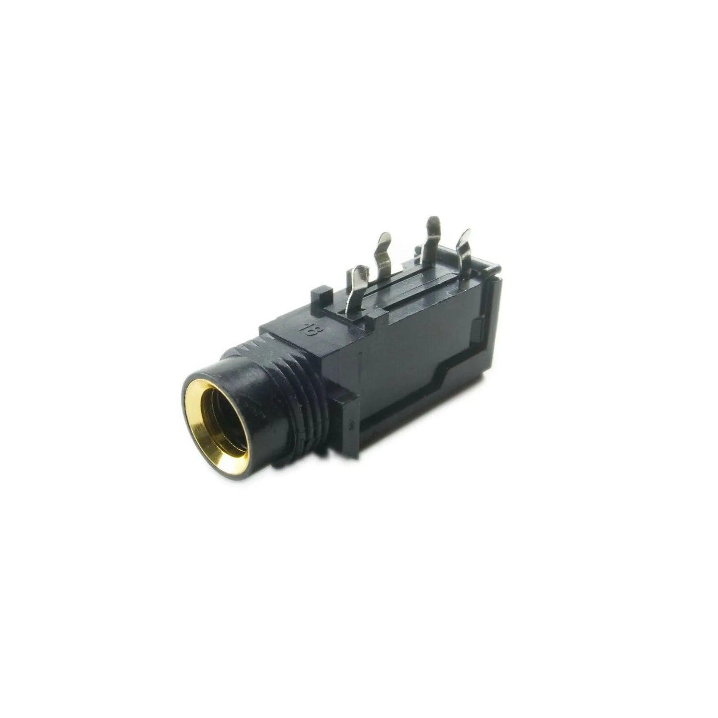Black 3.5mm phone jack audio connector with metal contacts on white background