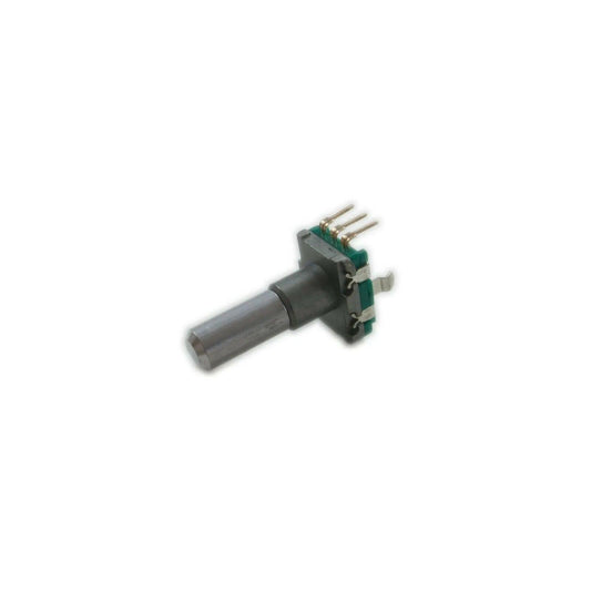 Close-up of Korg Kaoss Pad rotary encoder part with metal shaft and circuit board pins