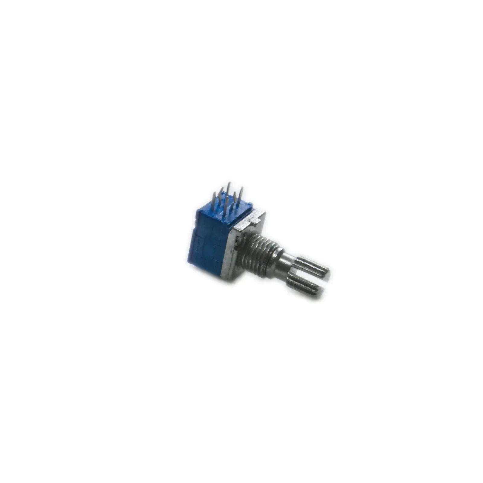 Korg M3R rotary potentiometer synthesizer part with blue body and metal shaft on white background
