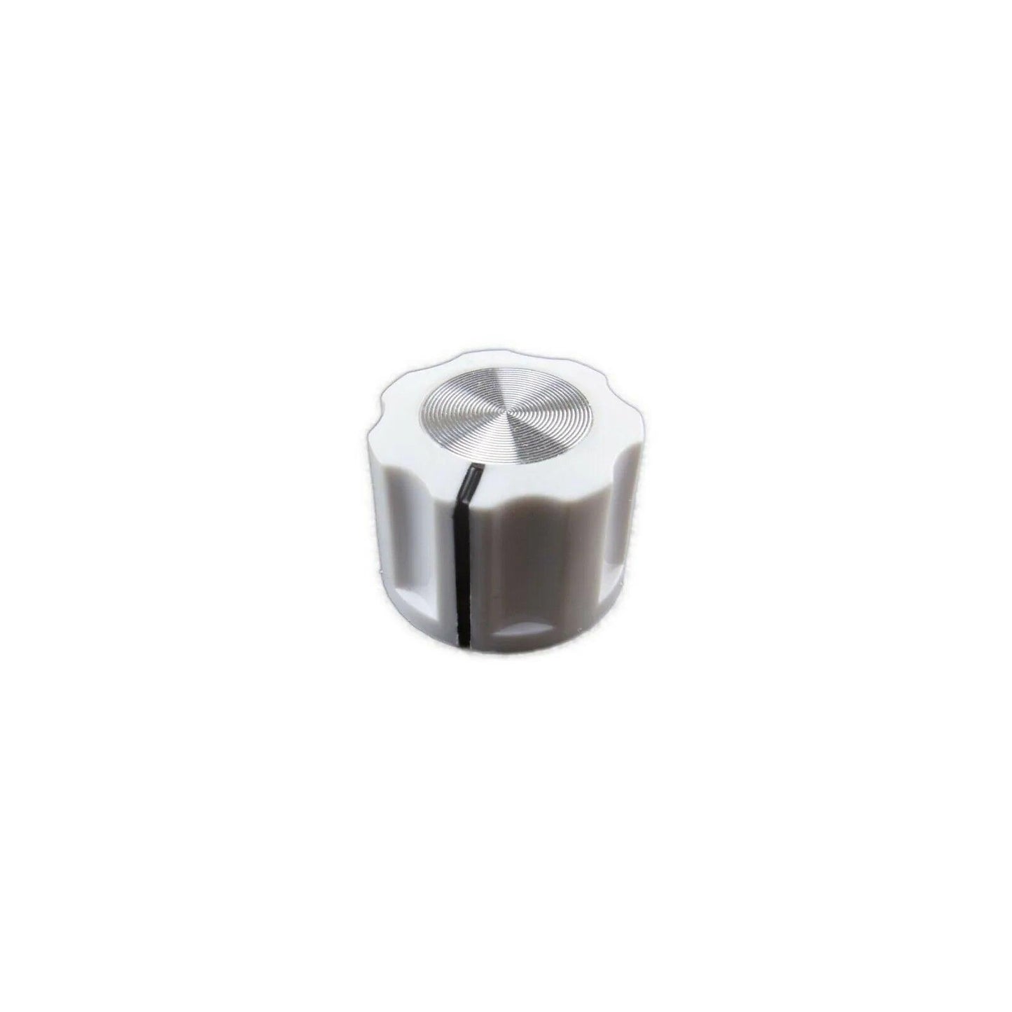 White knob with textured silver top and black indicator line for synthesizer control