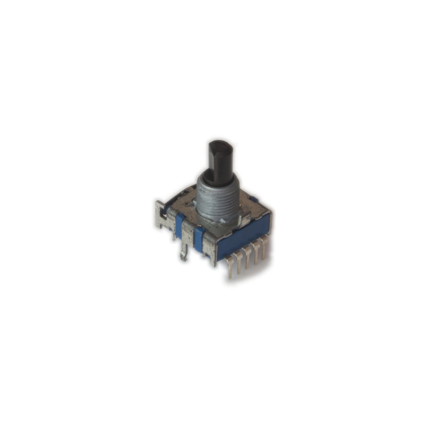 Close-up of a Korg MicroKorg XL rotary switch synthesizer part with metal and blue components