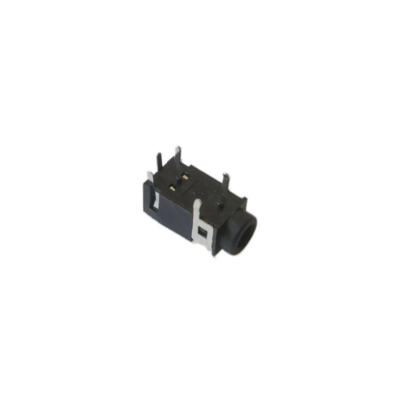 Close-up of black Korg Monotribe synthesizer audio jack connector part isolated on white background