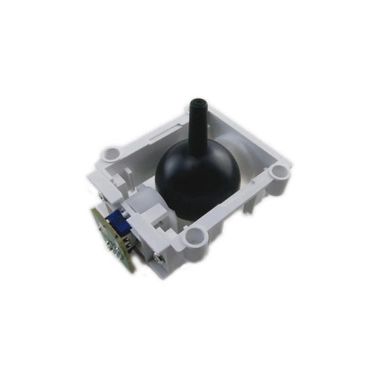 Black joystick mechanism with white plastic frame and electronic circuit board