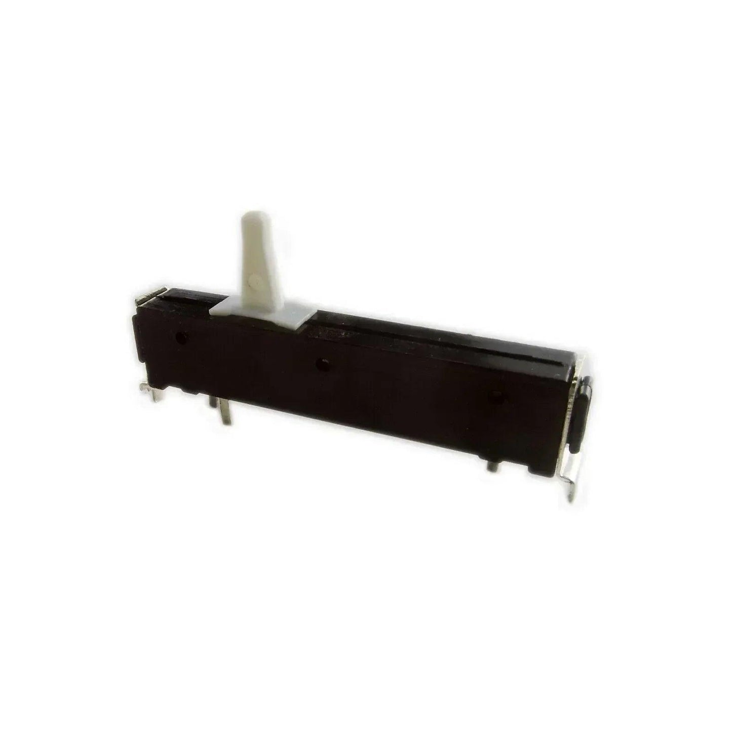Black linear slider potentiometer with white knob for synthesizer parts on white background