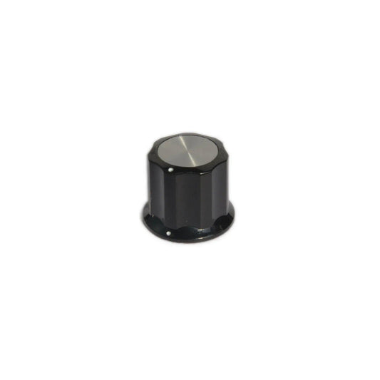 Black Moog Grandmother synthesizer knob with silver top and white indicator dot