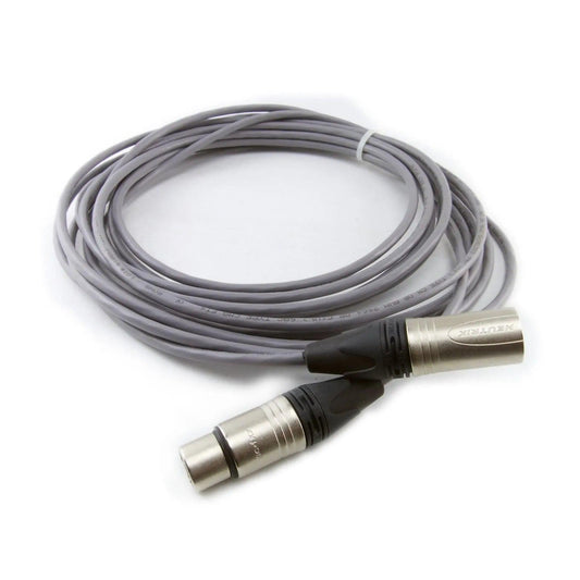 Coiled gray audio cable with Neutrik XLR male and female connectors on white background