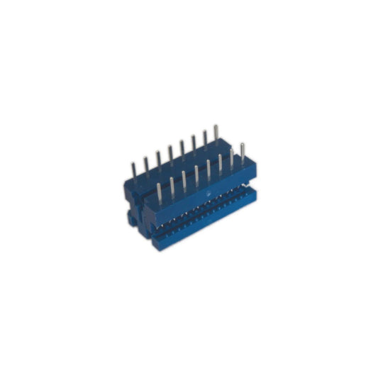 Close-up of blue 16-pin DIP connector electronic component with metal pins on white background