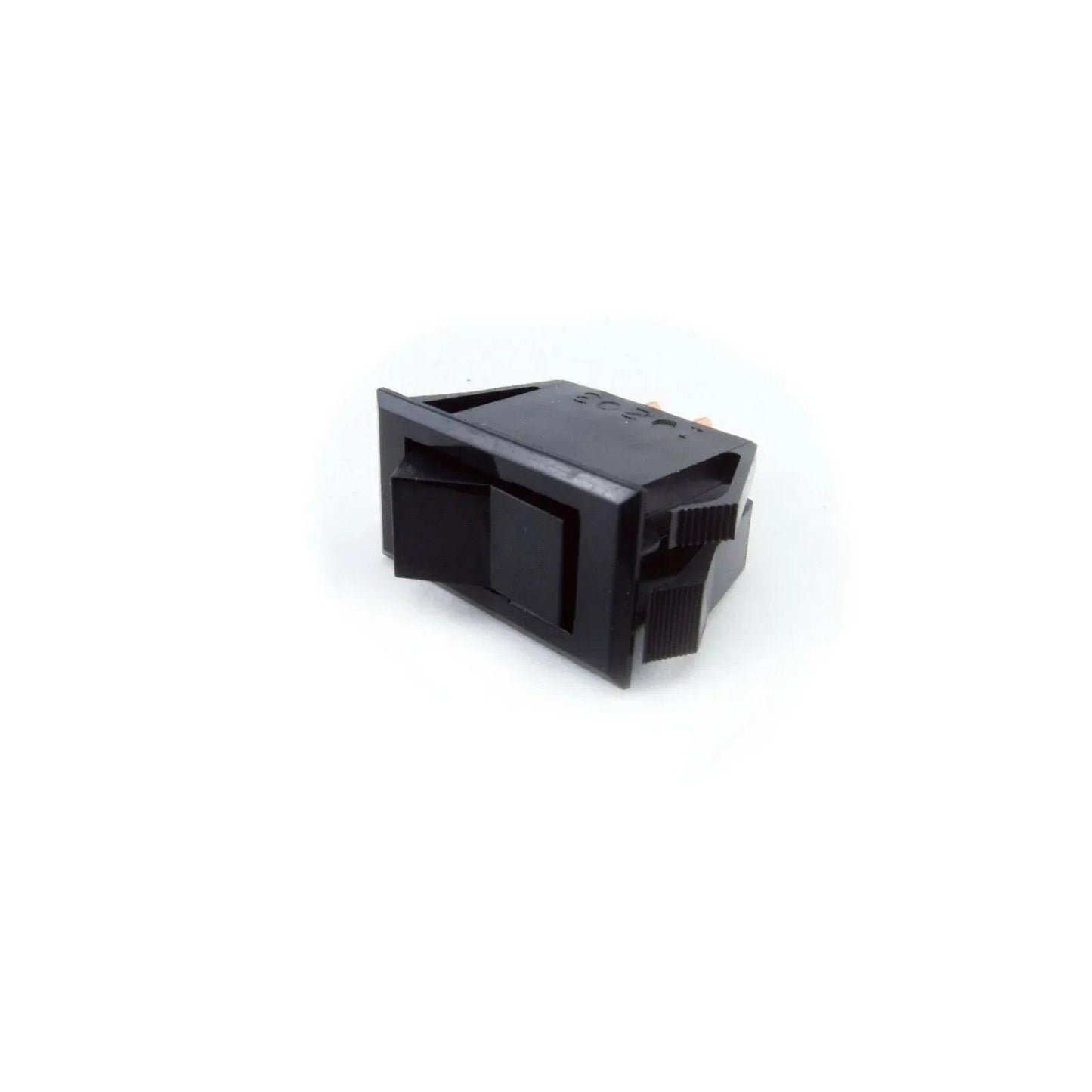 Close-up of a black Moog MG-1 power switch replacement part on a white background