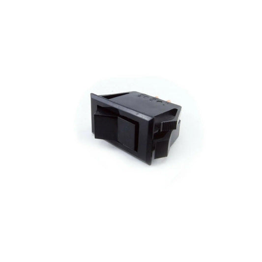 Close-up of a black Moog MG-1 power switch replacement part on a white background