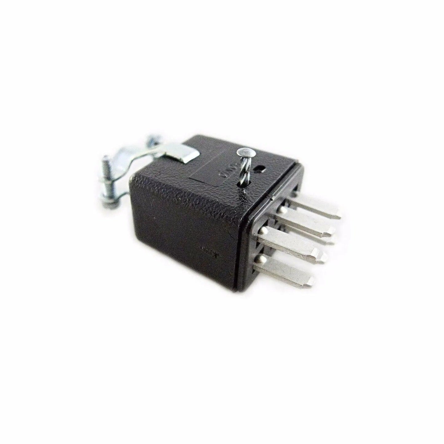 Close-up of a black Moog Minimoog Model D 6-pin male connector with metal clips and pins