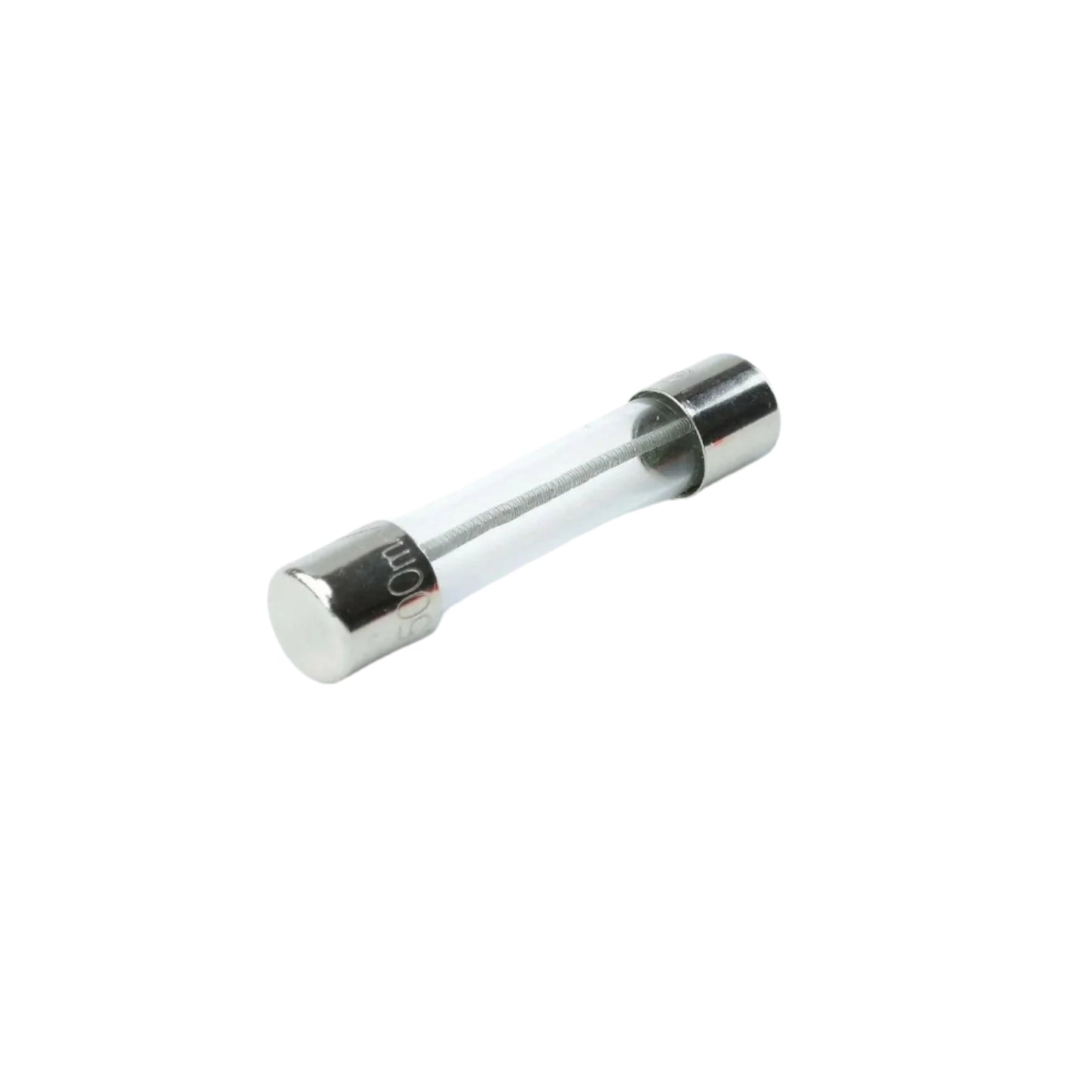Close-up of a glass fuse with metal caps, marked 500mA, isolated on white background