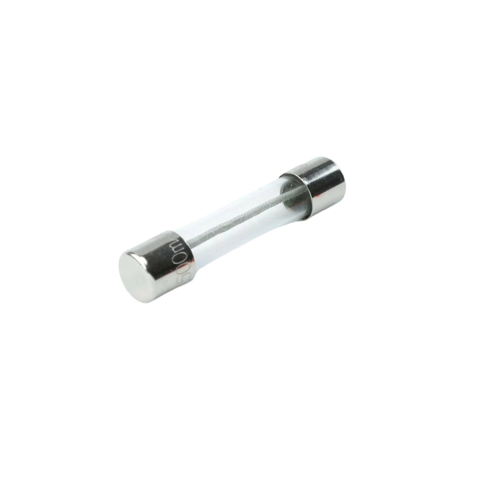 Close-up of a glass fuse with metal caps, marked 500mA, isolated on white background