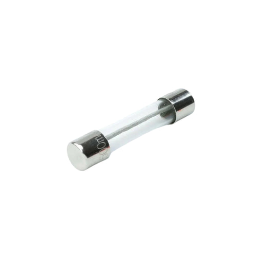 Close-up of a glass fuse with metal caps, marked 500mA, isolated on white background