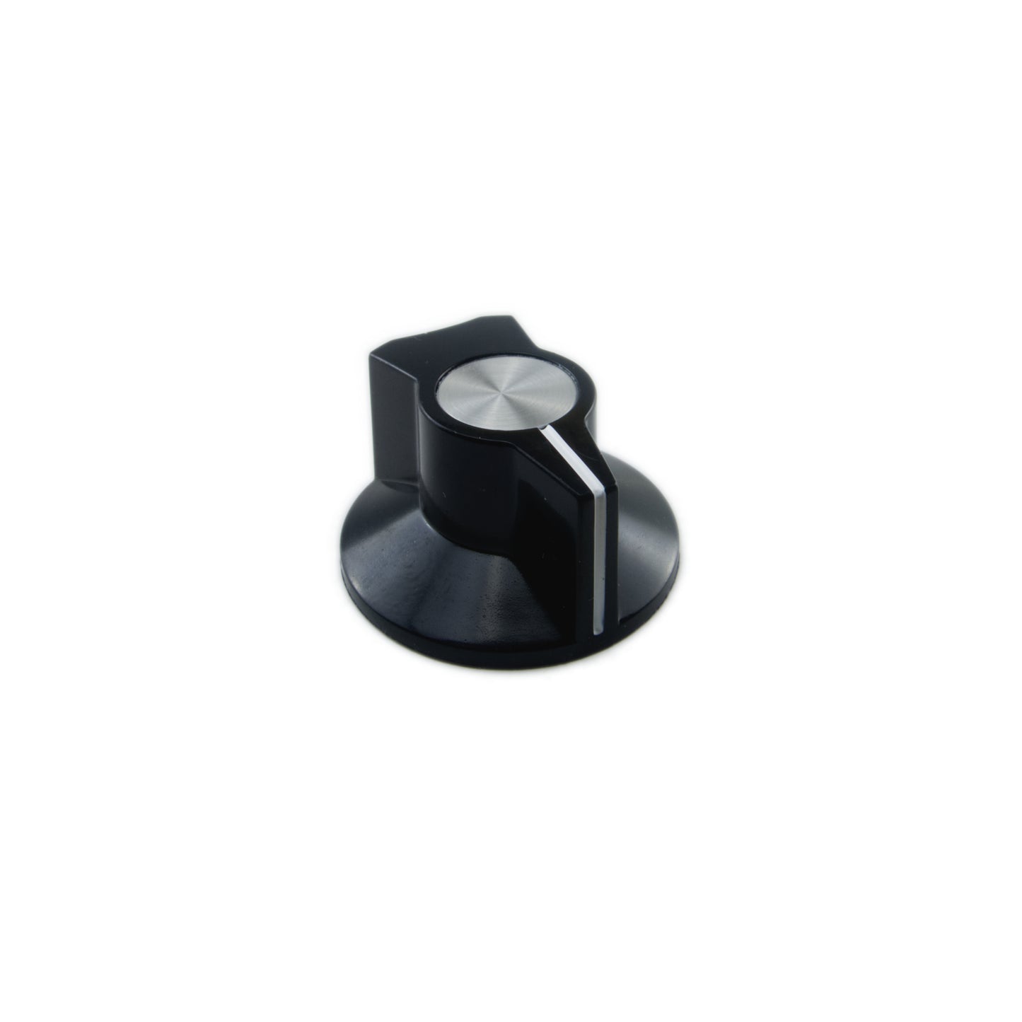 Black Moog Minimoog Model D pointer knob with silver top and white indicator line on white background