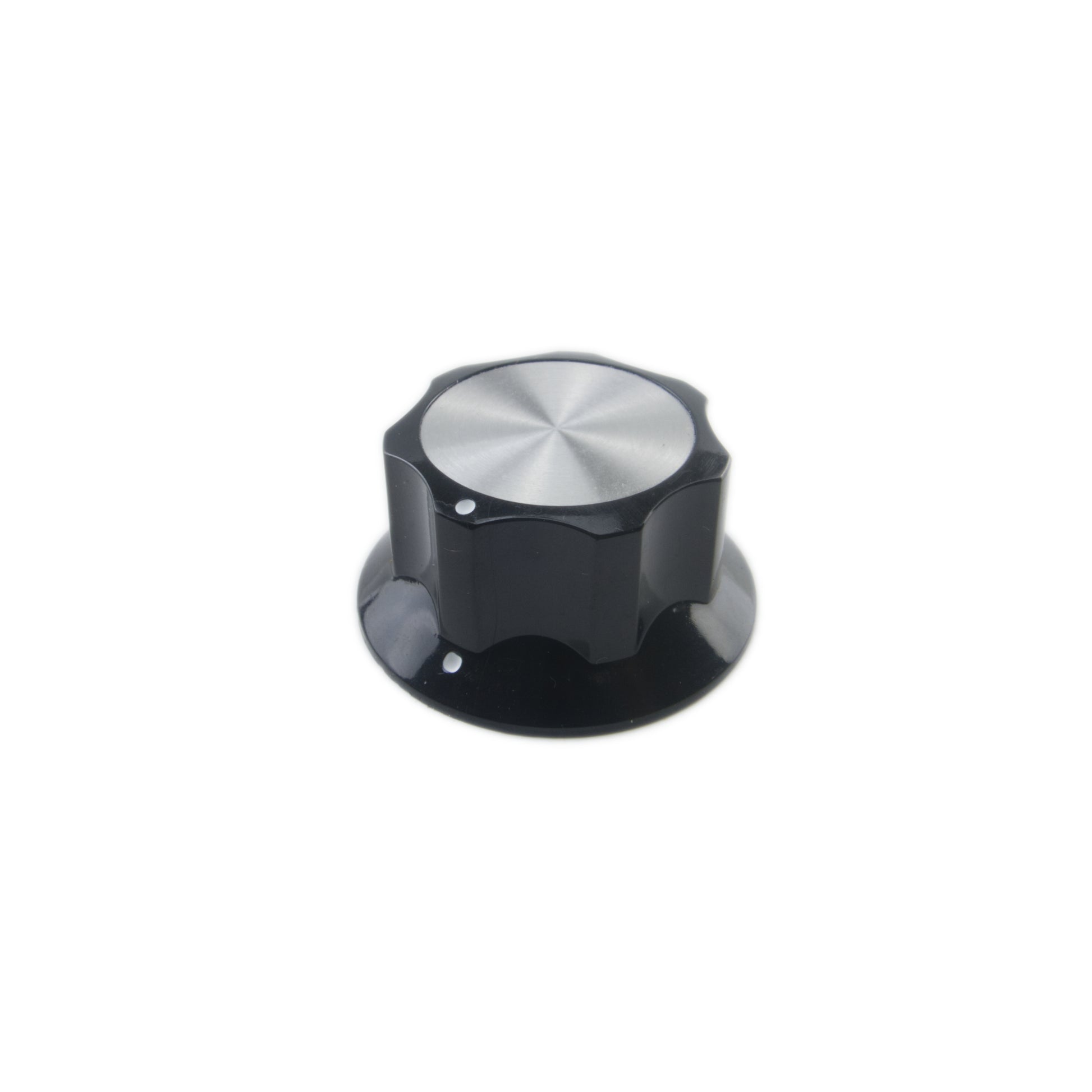 Black rotary knob with silver metal top for Moog Minimoog Model D synthesizer
