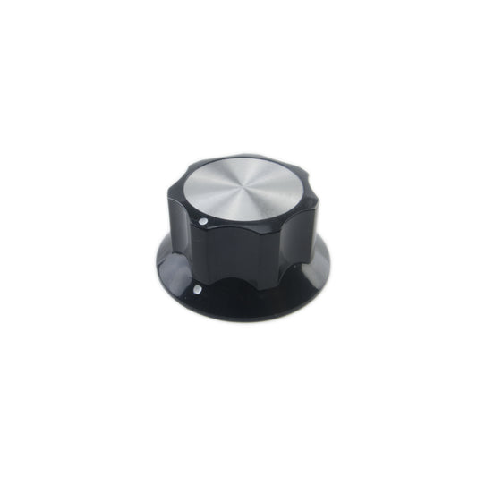 Black rotary knob with silver metal top for Moog Minimoog Model D synthesizer