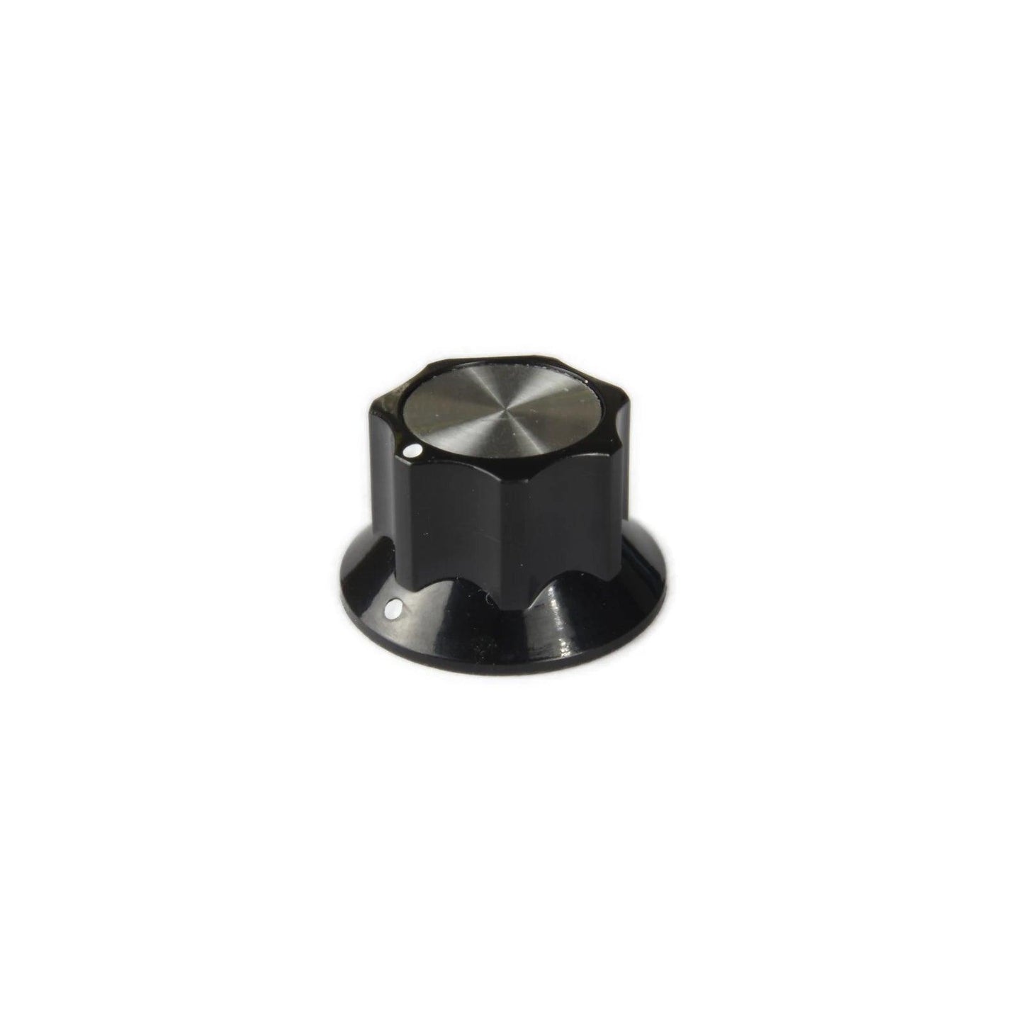 Black rotary knob with silver top and white marker dot for Moog Minimoog Model D synthesizer