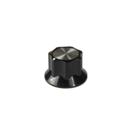 Black rotary knob with silver top and white marker dot for Moog Minimoog Model D synthesizer