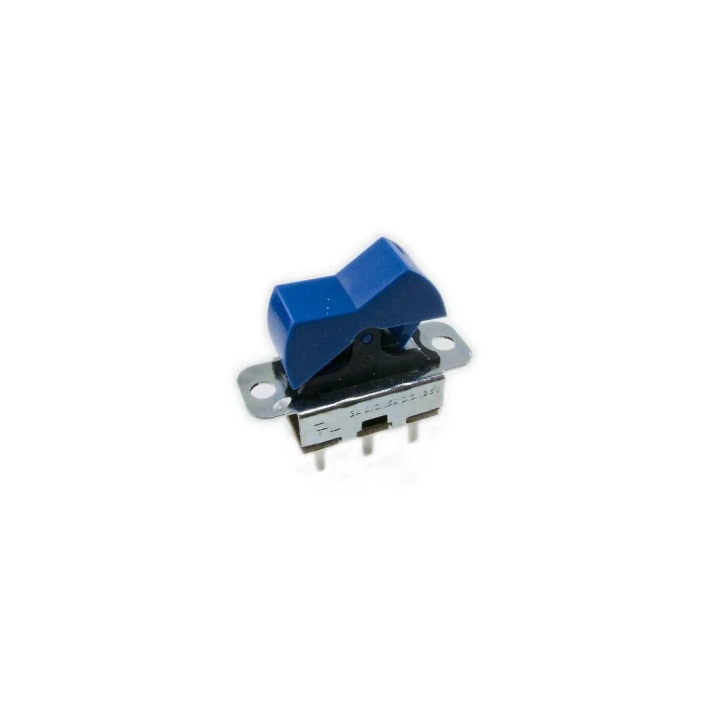 Blue rocker switch with metal base and pins on white background for Moog Minimoog Voyager synthesizer