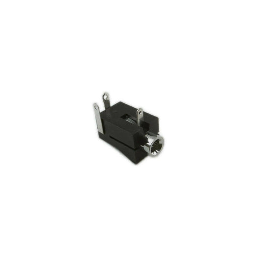Close-up of a black DC power jack with metal connectors for Moog Rogue synthesizer