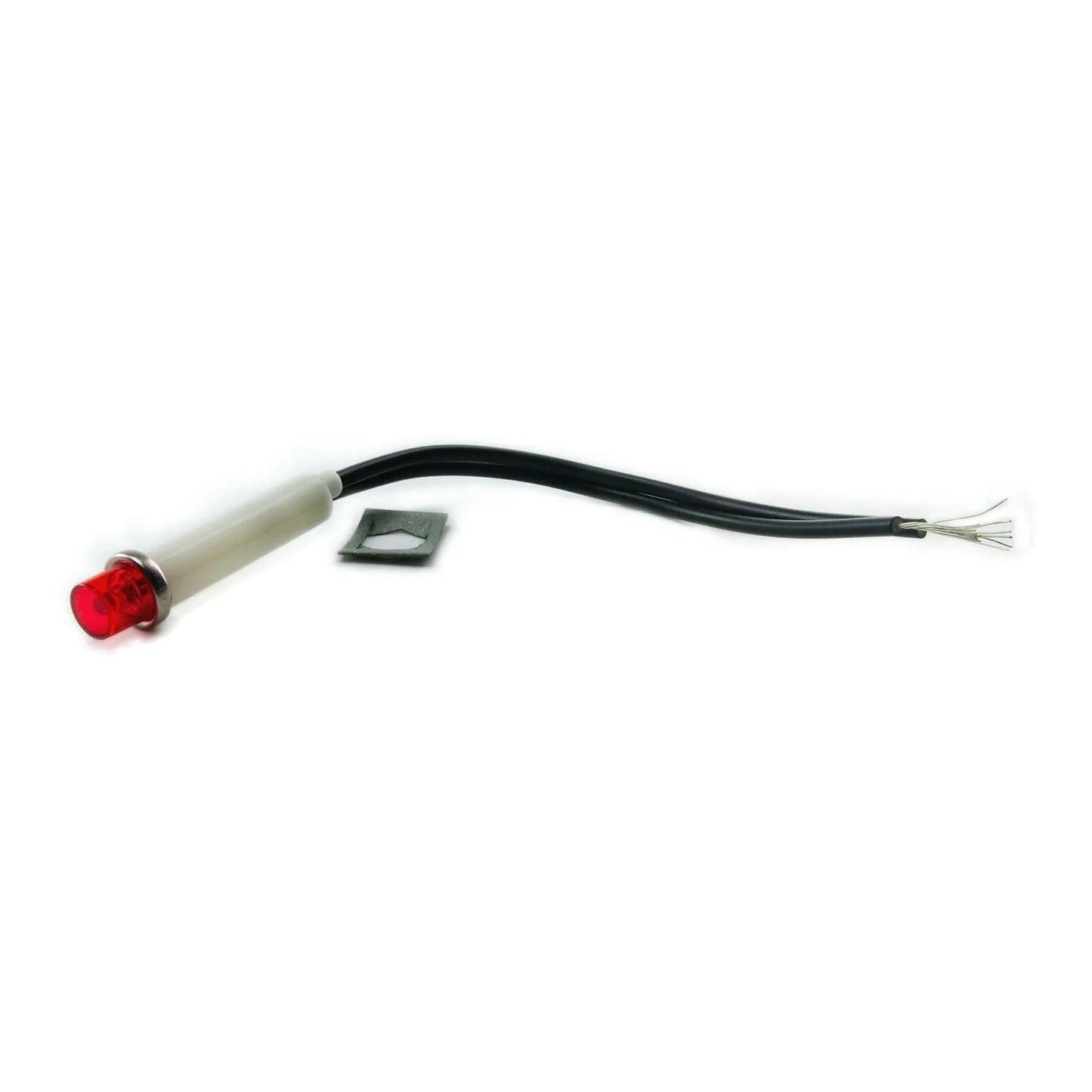 Red indicator lamp with white base and black wiring, electronic synth part on white background