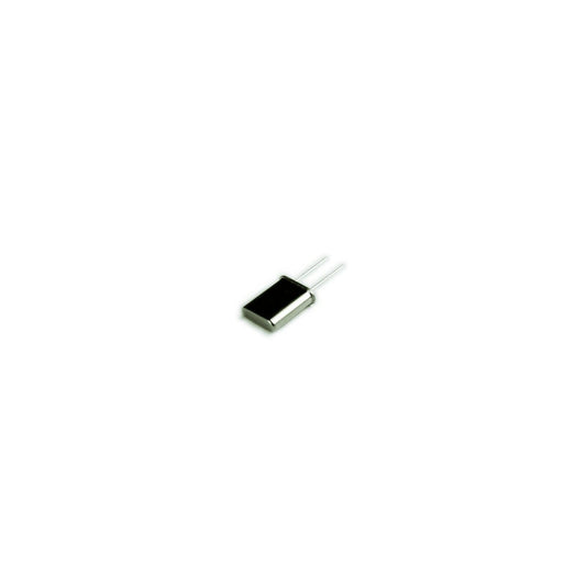 Moog Source crystal oscillator component with metal casing and two wire leads on white background