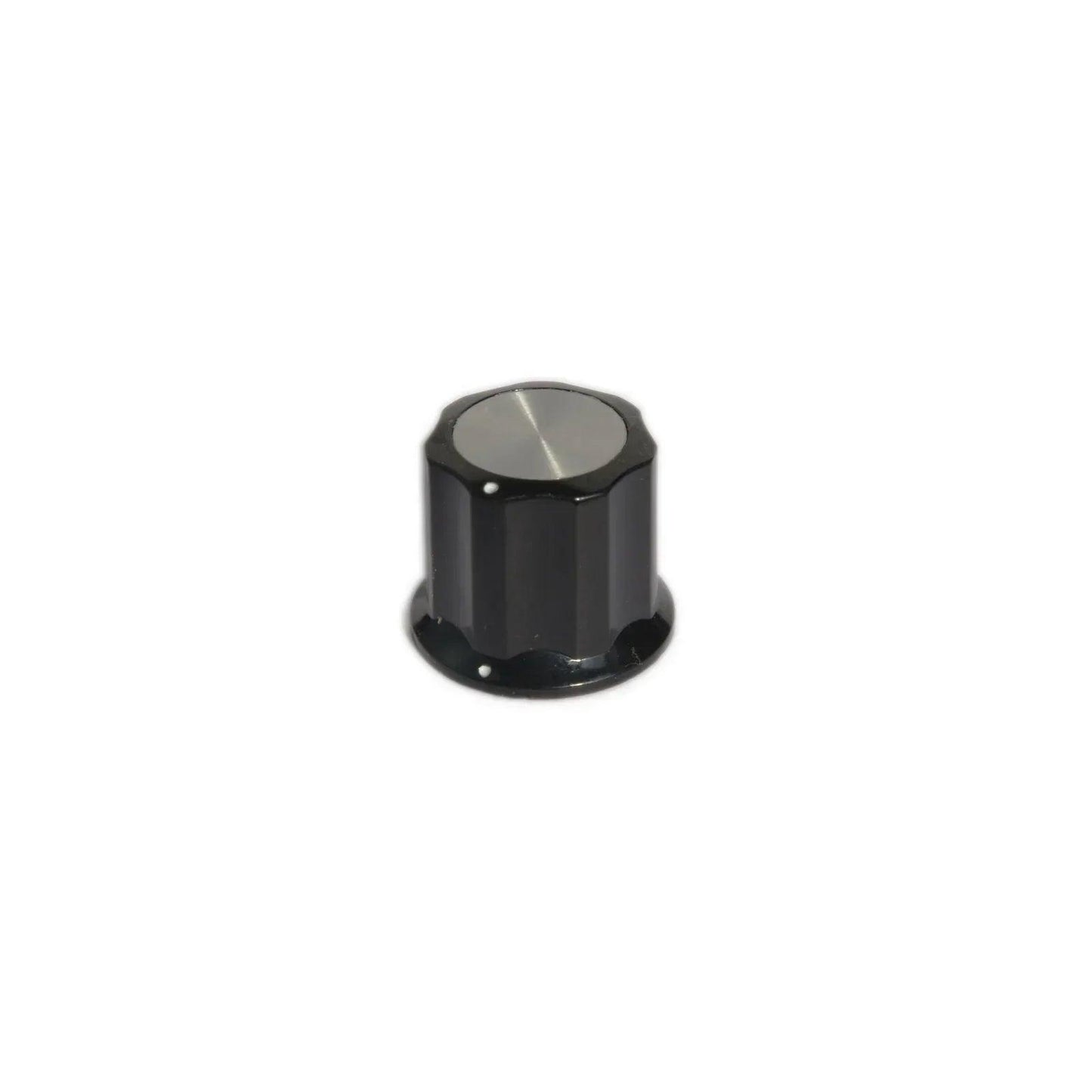 Black Moog Sub Phatty synthesizer knob with silver top and white indicator dots