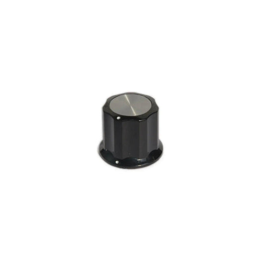 Black knob with silver top and small white indicator dots for synthesizer control