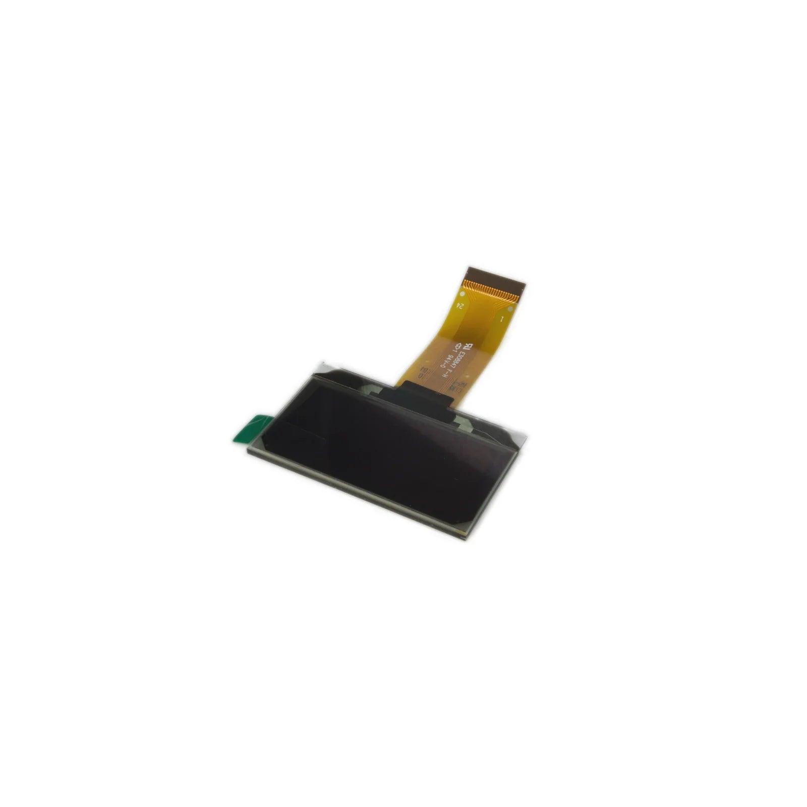 OLED screen display module with flexible ribbon cable on white background