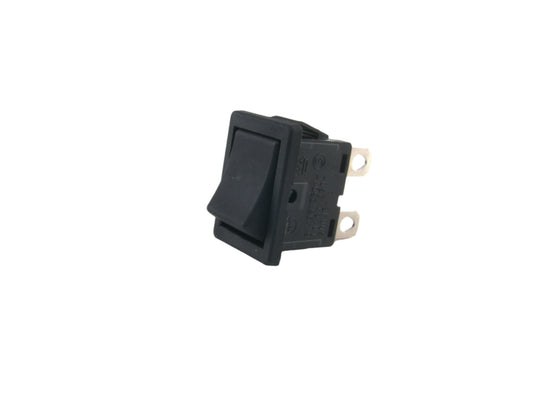 Black rocker power switch with metal terminals isolated on white background