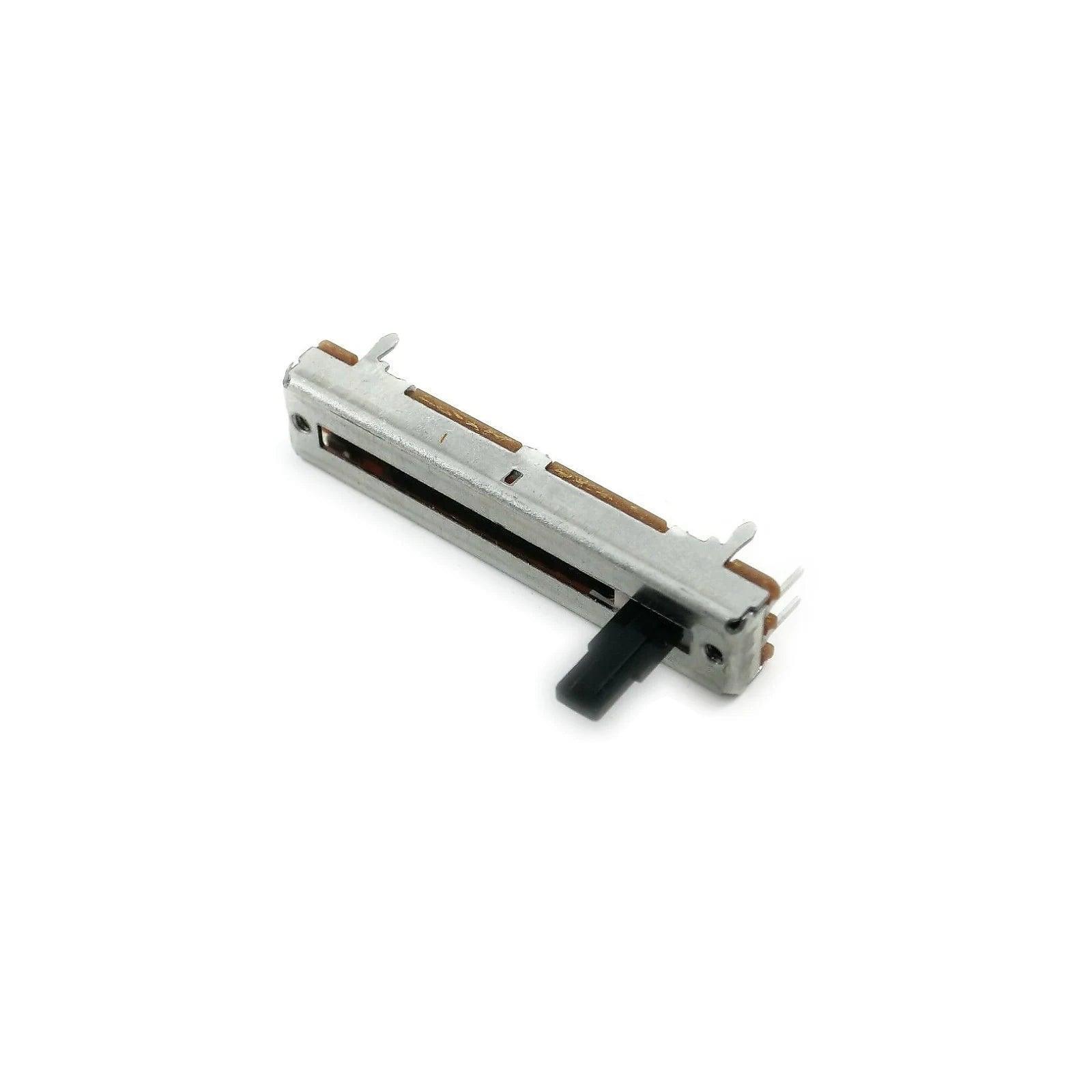 Roland Gaia SH-01 slide potentiometer synthesizer part with metal casing and black slider on white background