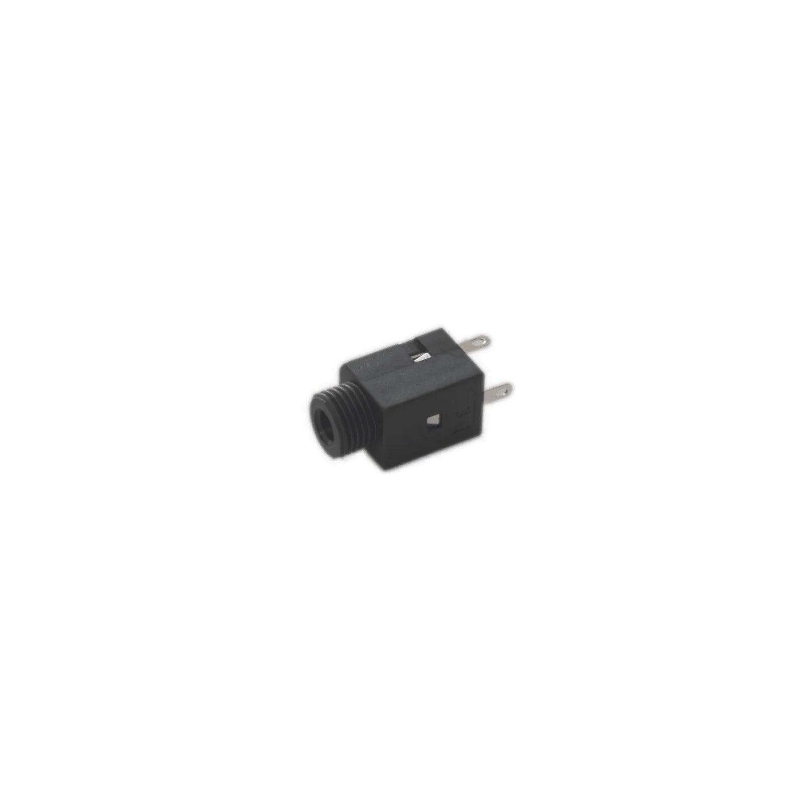 Black mini jack audio connector part with two metal pins on white background