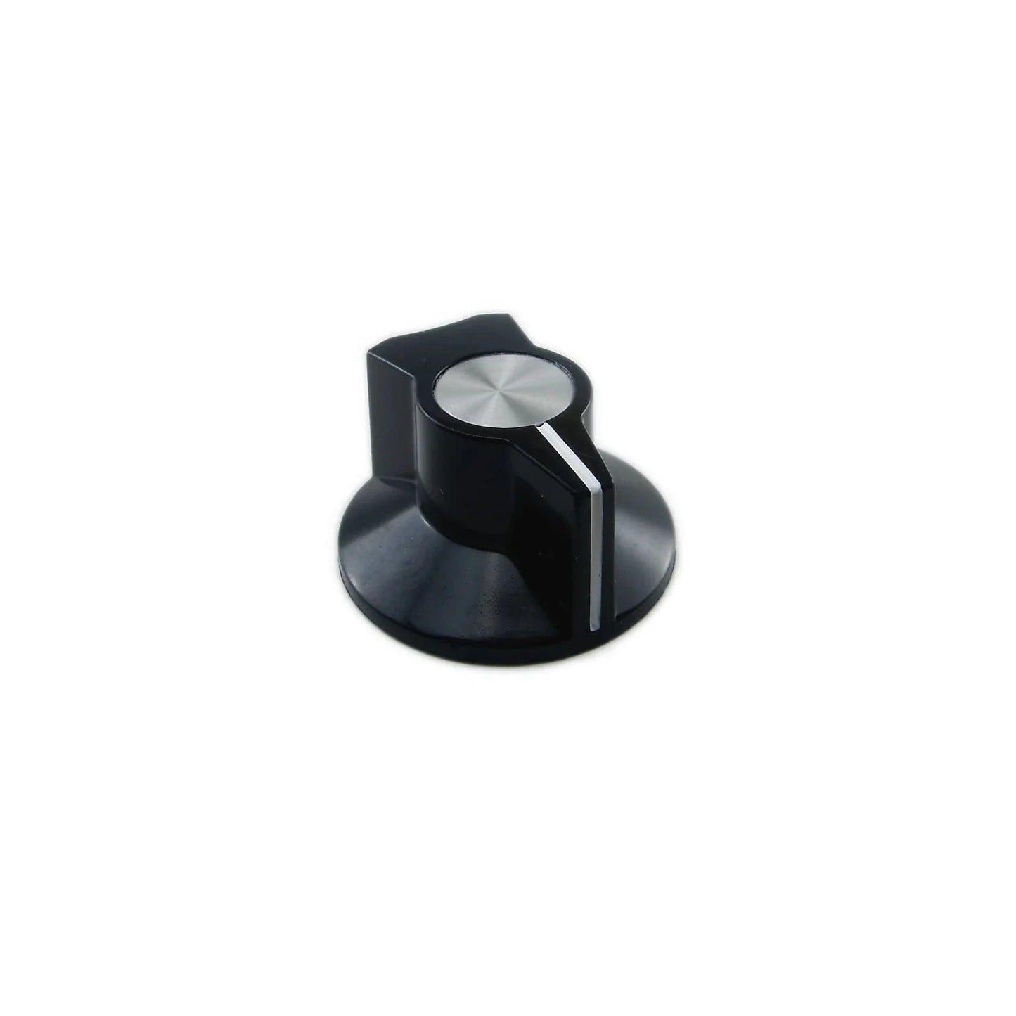 Black synthesizer knob with silver top and white indicator line on white background